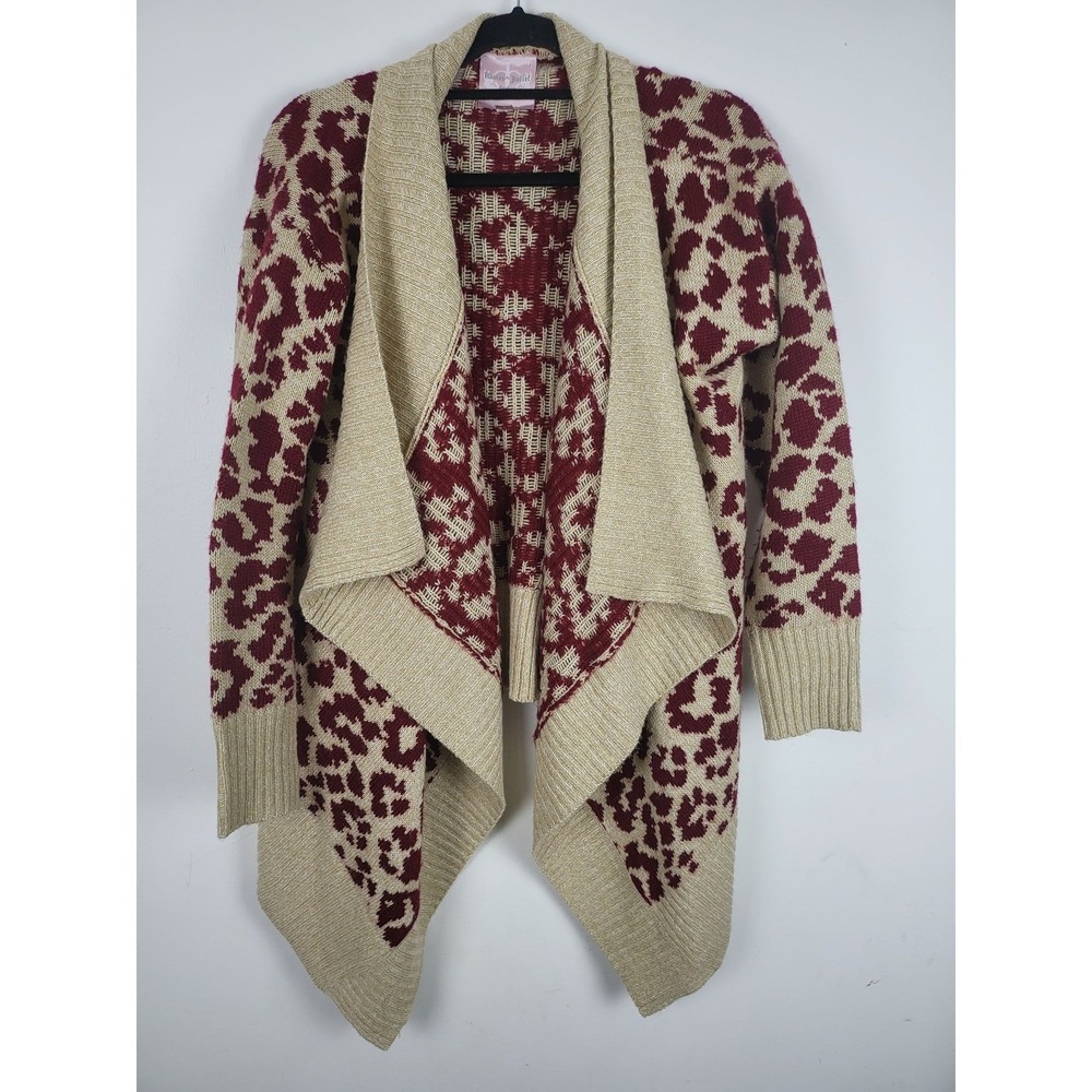 Romeo + Juliet Holiday Cardigan Small Womens Tan Red Long Sleeve Open Front Top
